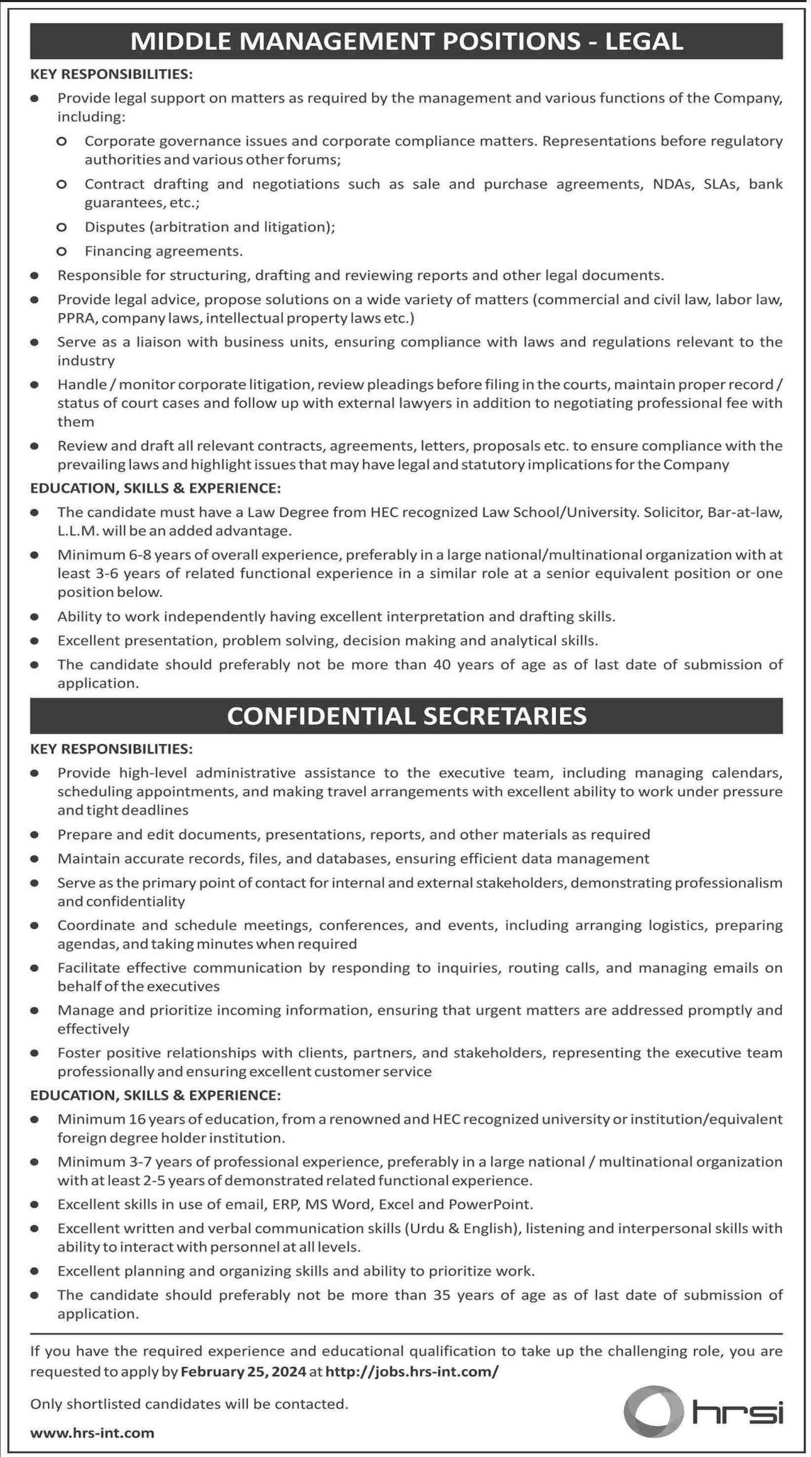 Human Resource Solution International HRSI Karachi Jobs 2024 – HRSG People and Business karachi Jobs 2024 — original advertisement