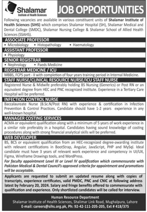 Shalamar Institute Of Health Science Lahore Jobs 2024 – Shalamar institute of health sciences Jobs 2024 — original advertisement