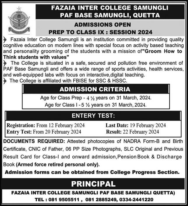 Admissions Open in Fazaia Inter College Samungli Quetta 2024 – Fazaia Schools & Colleges Admissions 2024 — original advertisement