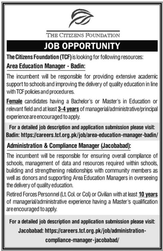 The Citizens Foundation TCF Badin Jobs 2024 – Pakistani Citizens Jobs 2024 — original advertisement