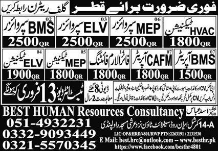 BMS operator And Mep Supervizor Jobs in Qatar 2024 – Best Human Resources Consultancy Jobs 2024 — original advertisement