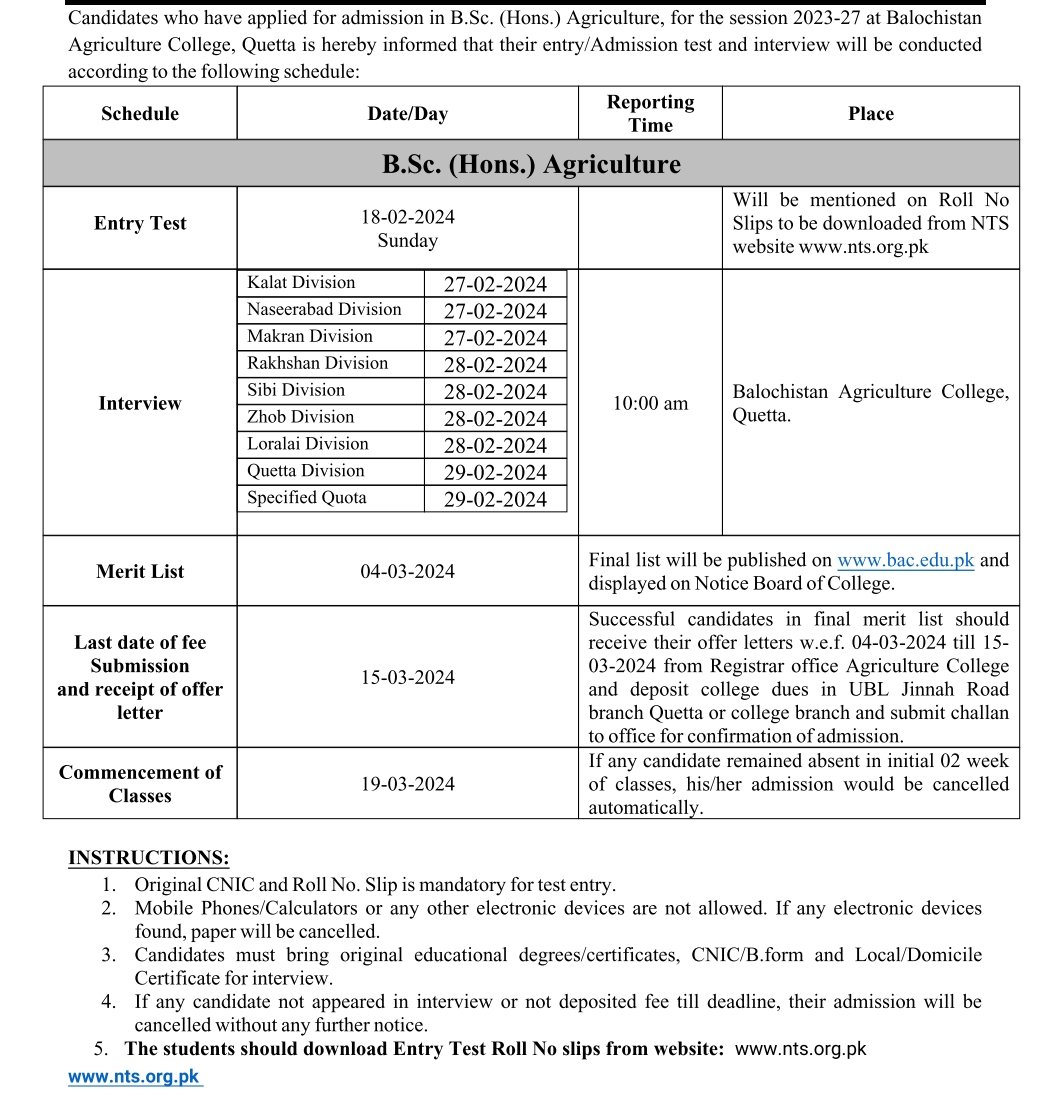 Admission test Balochistan Agriculture college Quetta – Balochistan Agriculture College, Quetta Admissions 2024 — original advertisement