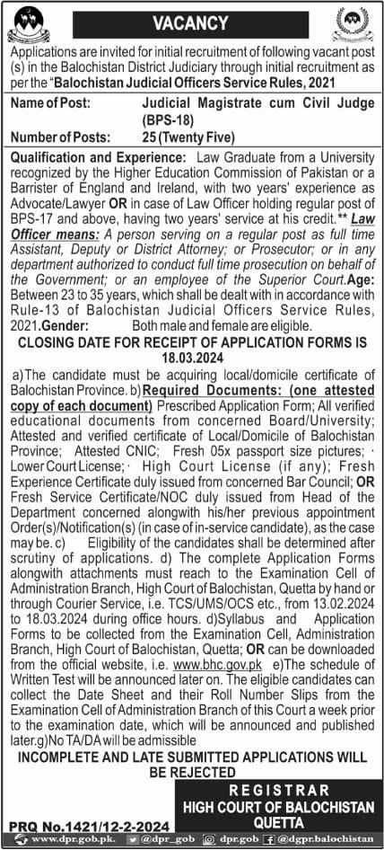 High Court of Balochiatan Jobs 2024 – Balochistan High Court Jobs 2024 — original advertisement