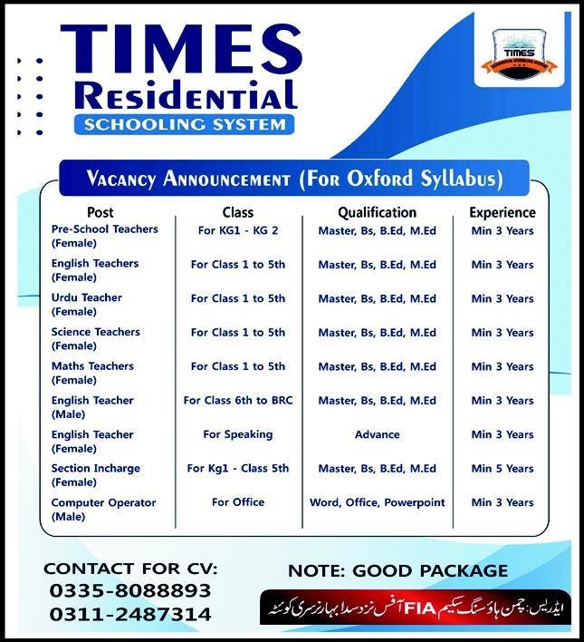 Times Residential Schooling System Quetta Jobs 2024 Jobs 2024 — original advertisement