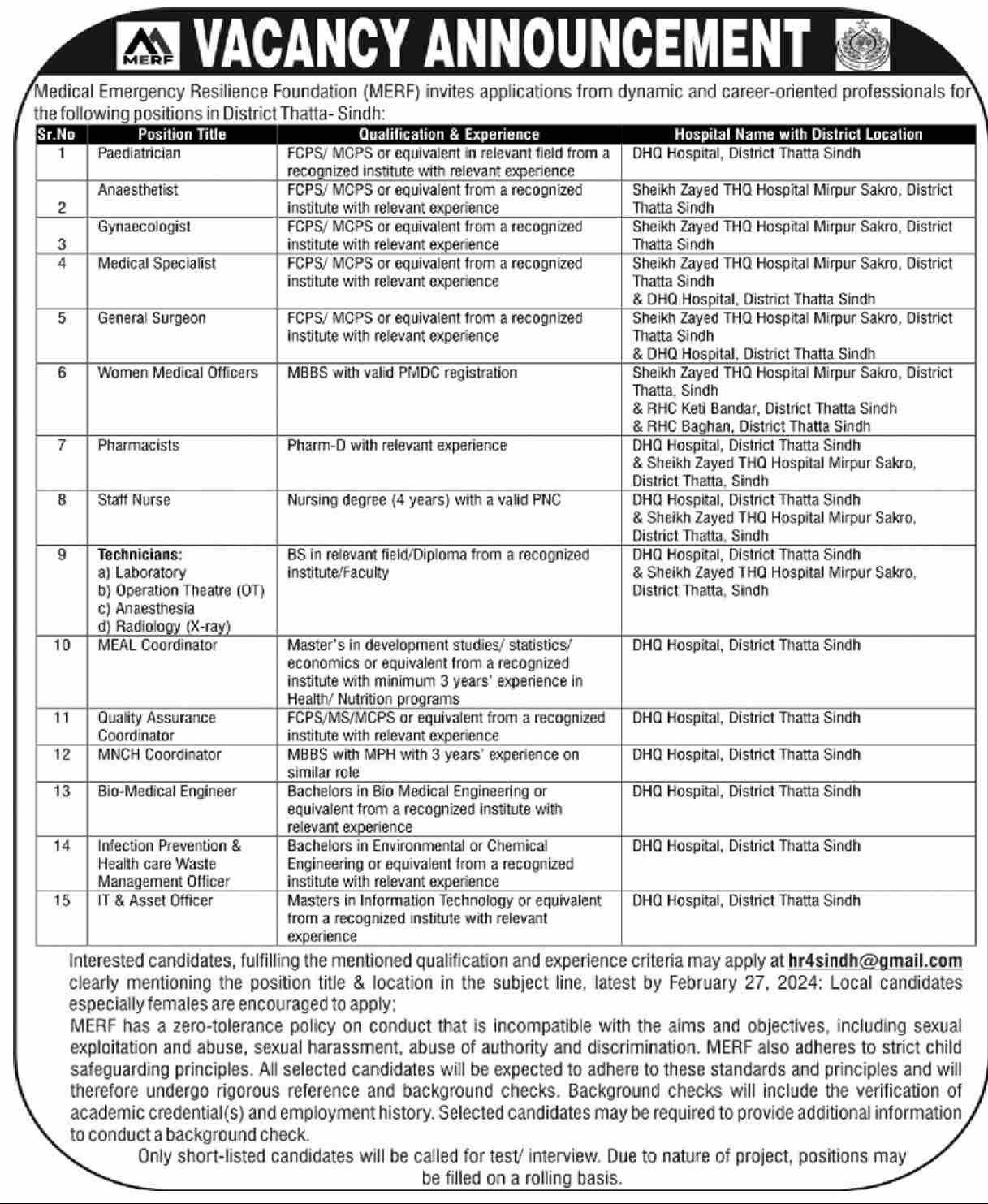 Medical Emergency Resilience Foundation MERF Sindh Jobs 2024 – Medical Emergency Resilience Foundation (MERF) Pakistan Jobs 2024 — original advertisement