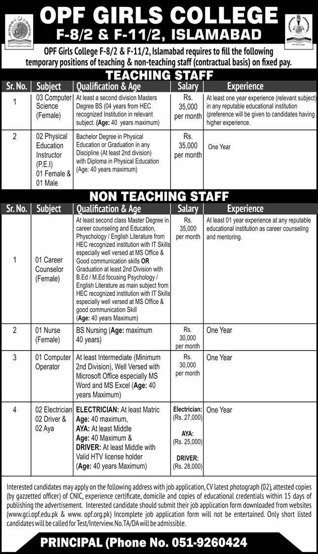 OPF Girls College Islamabad Jobs 2024 Jobs 2024 — original advertisement