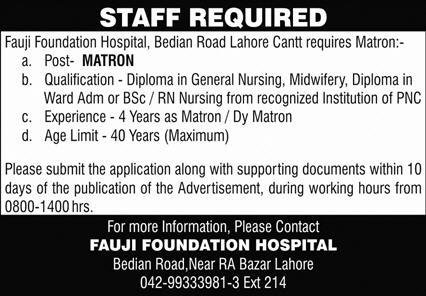 Fauji Foundation Hospital Lahore Jobs 2024 Jobs 2024 — original advertisement