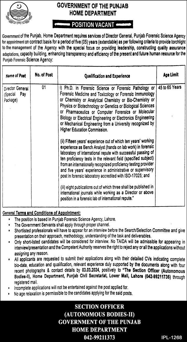 Punjab Forensic Science Agency PFSA Lahore Punjab Jobs 2024 Jobs 2024 — original advertisement