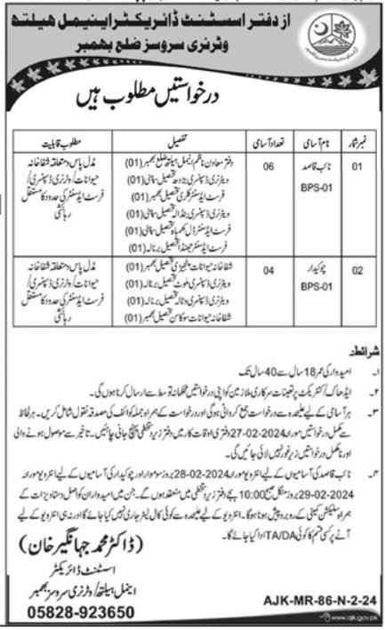 Animal Health Veterinary Services Office Jobs 2024 – Govt of Azad Kashmir Jobs 2024 — original advertisement