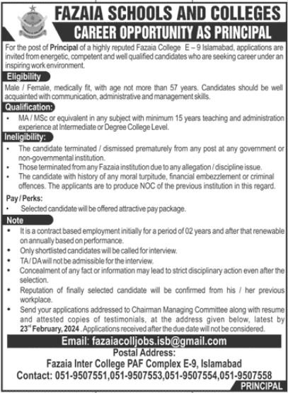 Fazaia Inter College Islamabad Jobs 2024 – Fazaia Schools & Colleges Jobs 2024 — original advertisement