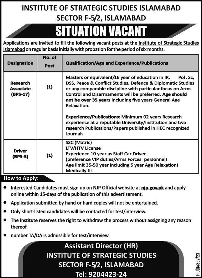 Institute Of Strategic Studies Islamabad ISSI Jobs 2024 Jobs 2024 — original advertisement