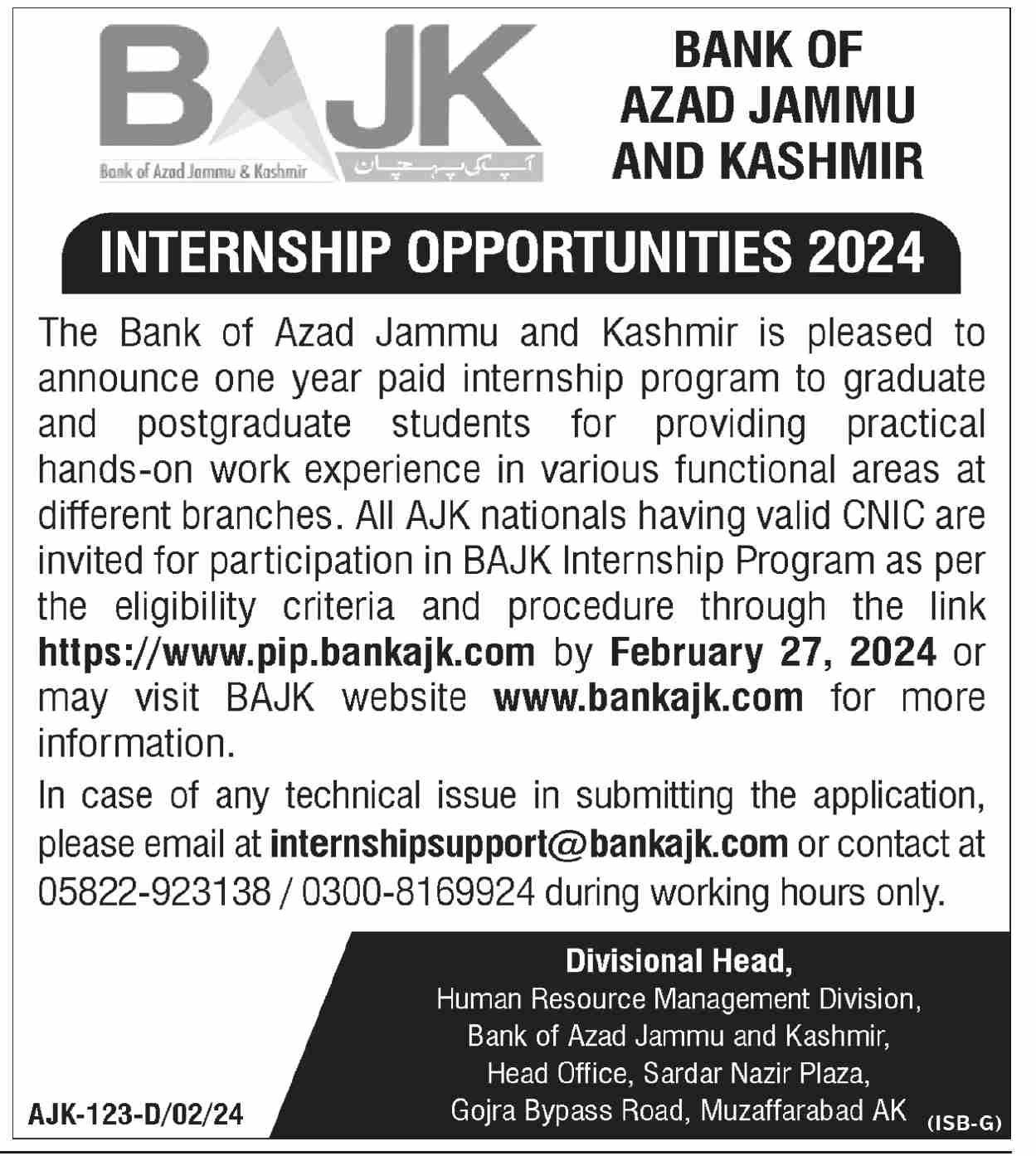 BAJK Internship Program Muzaffarabad 2024 – Bank of Azad Jammu & Kashmir Jobs 2024 — original advertisement