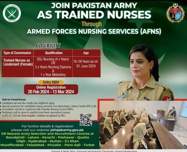 Join Pakistan Army As Trained Nurses AFns 2024 Jobs 2024 — original advertisement