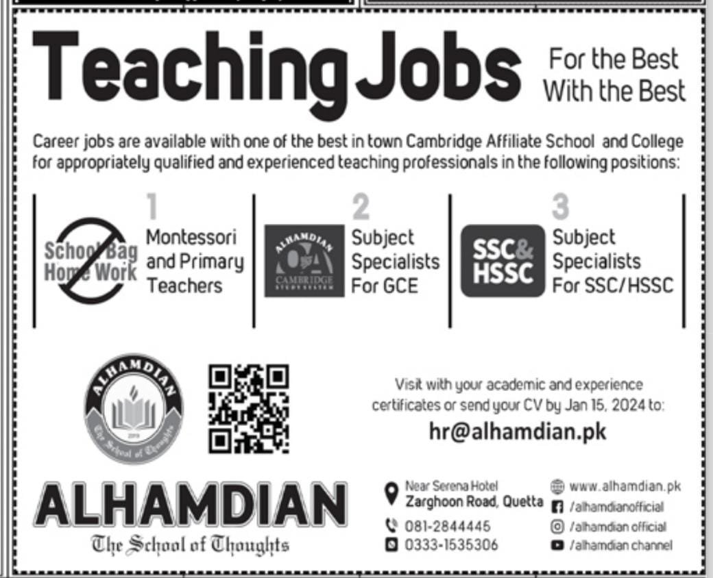 Alhamdian School of of thoughts Quetta Jobs – Alhamd Educational System Jobs 2024 — original advertisement