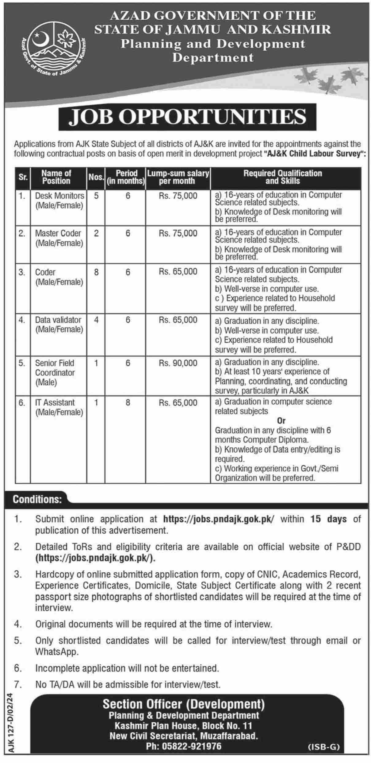 Planning And Developnent Department Muzafarabad Ajk Jobs – Planning & Development Department AJK Jobs 2024 — original advertisement