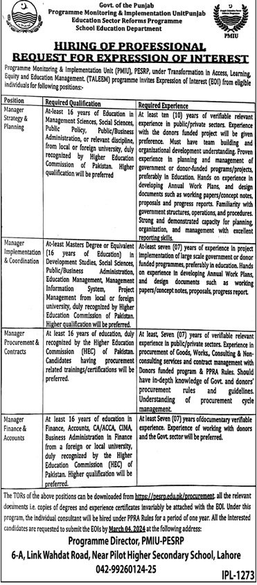 School Education Department Lahore Jobs 2024 – School Education Department Punjab Jobs 2024 — original advertisement