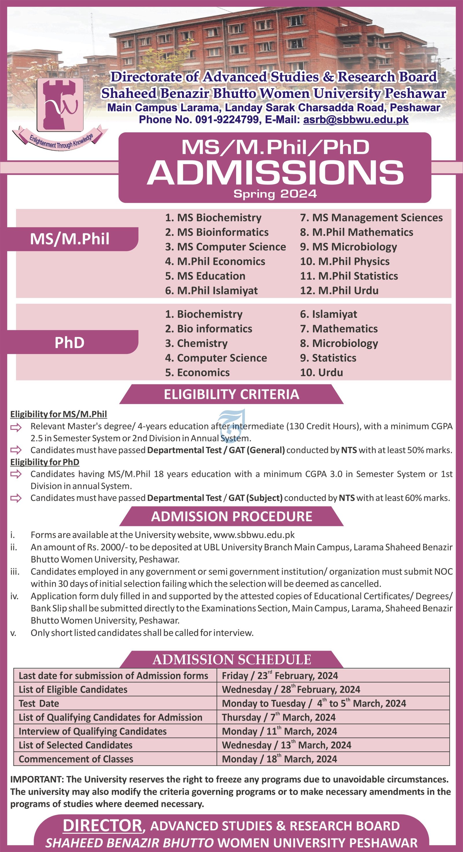 Admissions Open in Shaheed Benazir Bhutoo Women University – Shaheed Benazir Bhutto Women University Peshawar Admissions 2024 — original advertisement