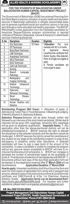 Allied Health & Nursing Scholarships 2024 – Balochistan Human Capital Investment Project BHCIP Scholarships 2024 — original advertisement