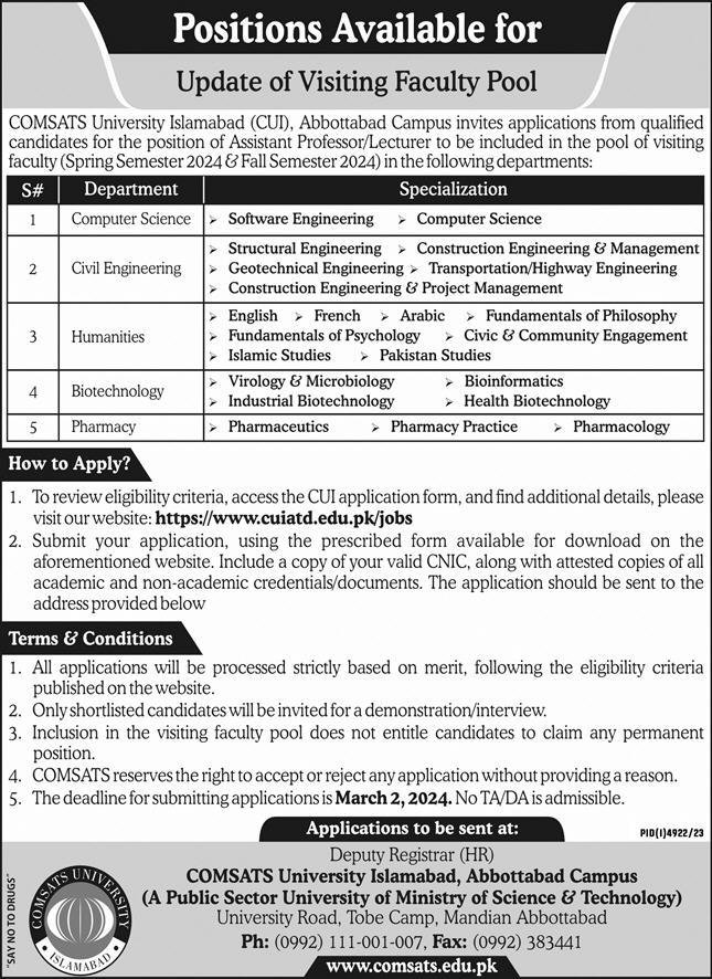 COMSATS University Islamabad CUI Abbottabad kpk Jobs 2024 Jobs 2024 — original advertisement