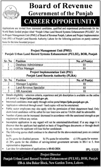 Board of Revenue Lahore Punjab Jobs 2024 – Revenue Department Punjab Jobs 2024 — original advertisement