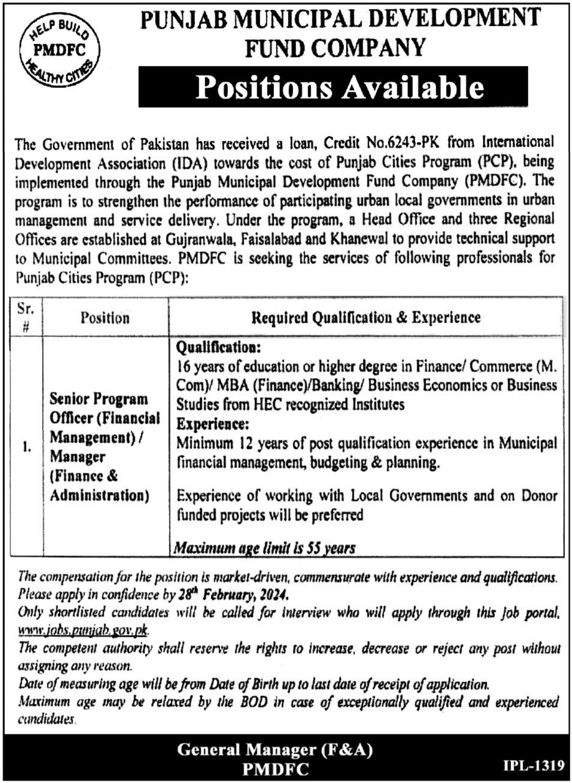Punjab Municipal Development Fund Company PMDFC Lahore Jobs Jobs 2024 — original advertisement
