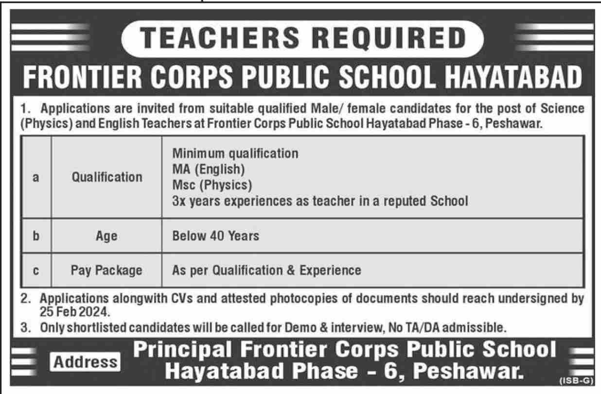 Frontier Crops Public School Hayatabad Jobs 2024 – Frontier Corps Kpk Jobs 2024 — original advertisement