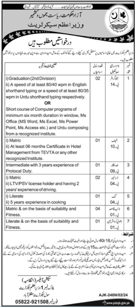 Prime Minister Secretariat Muzaffarabad Jobs 2024 – Govt of Azad Kashmir Jobs 2024 — original advertisement