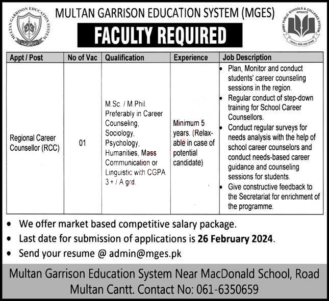 Multan Garrison Education System MGES Jobs 2024 – Federal Govt Educational Institutes Cantts and Garrisons Jobs 2024 — original advertisement