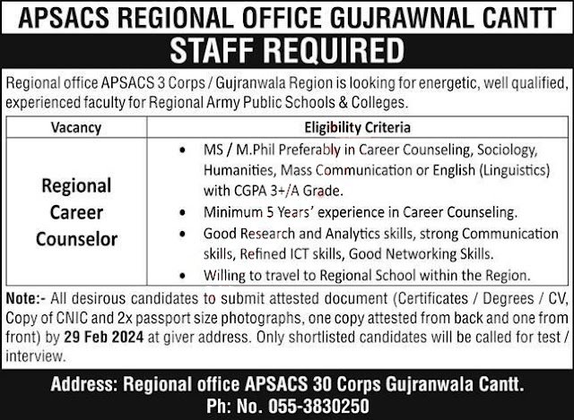 APSACS Regional Office Gujranwala Jobs 2024 – Army Public School & College Paksitan Jobs 2024 — original advertisement