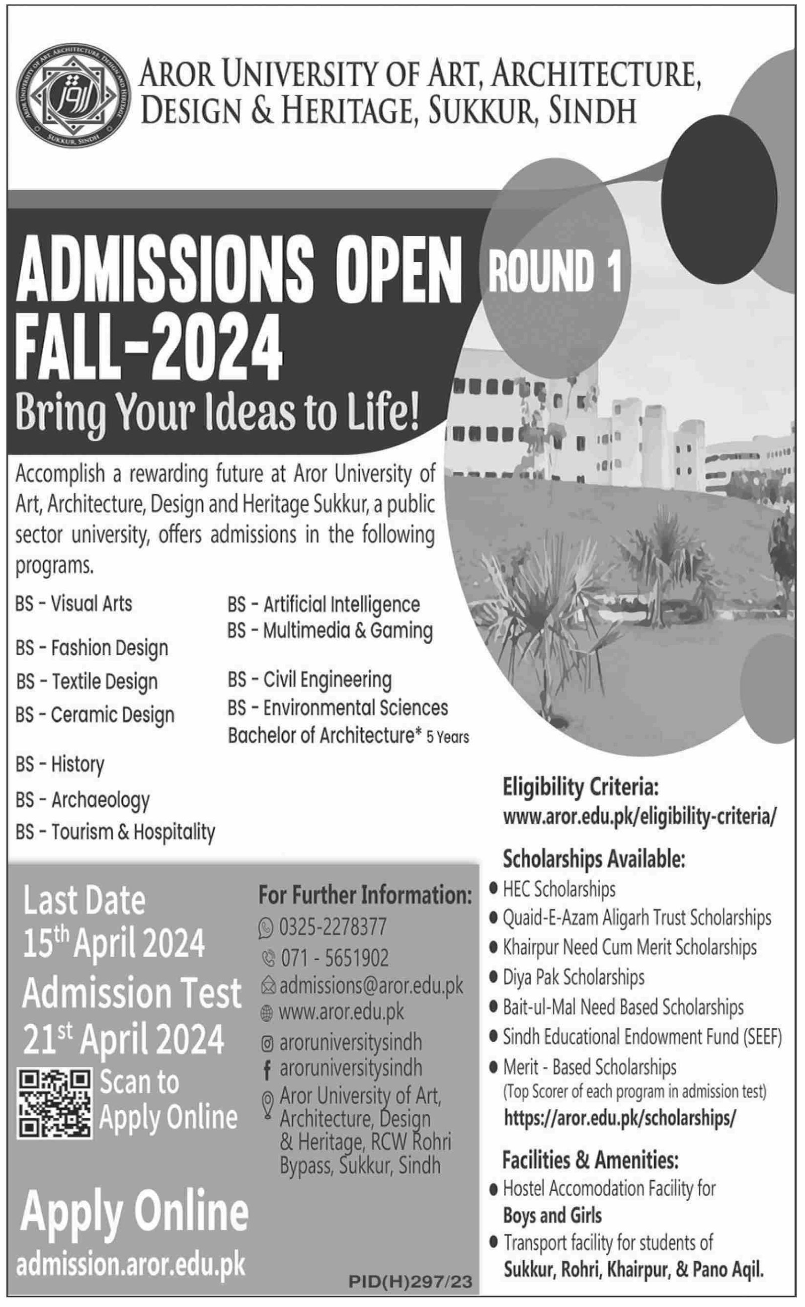 Admission Aror University of Art Architecture Design & Herit – Aror university of Art Architecture Design & Heritages Sukkur Admissions 2024 — original advertisement