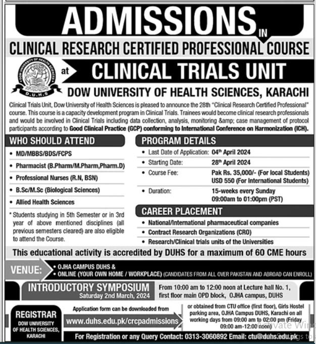 Admissions Open in Dow University of Health Science Karachi – Dow University of Health Sciences Karachi Admissions 2024 — original advertisement
