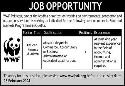 WWF Pakistan Quetta Jobs 2024 – World Wide Fund WWF Pakistan Jobs 2024 — original advertisement
