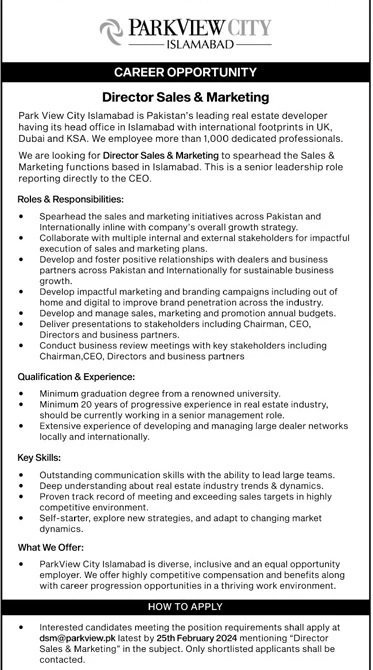 Park View City Islamabad Jobs 2024 – Public Sector Organization Jobs 2024 — original advertisement