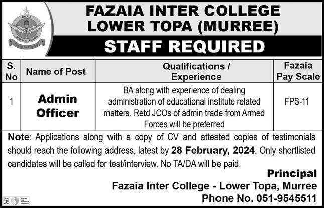Fazaia Inter College Murree Job 2024 – Fazaia Schools & Colleges Jobs 2024 — original advertisement