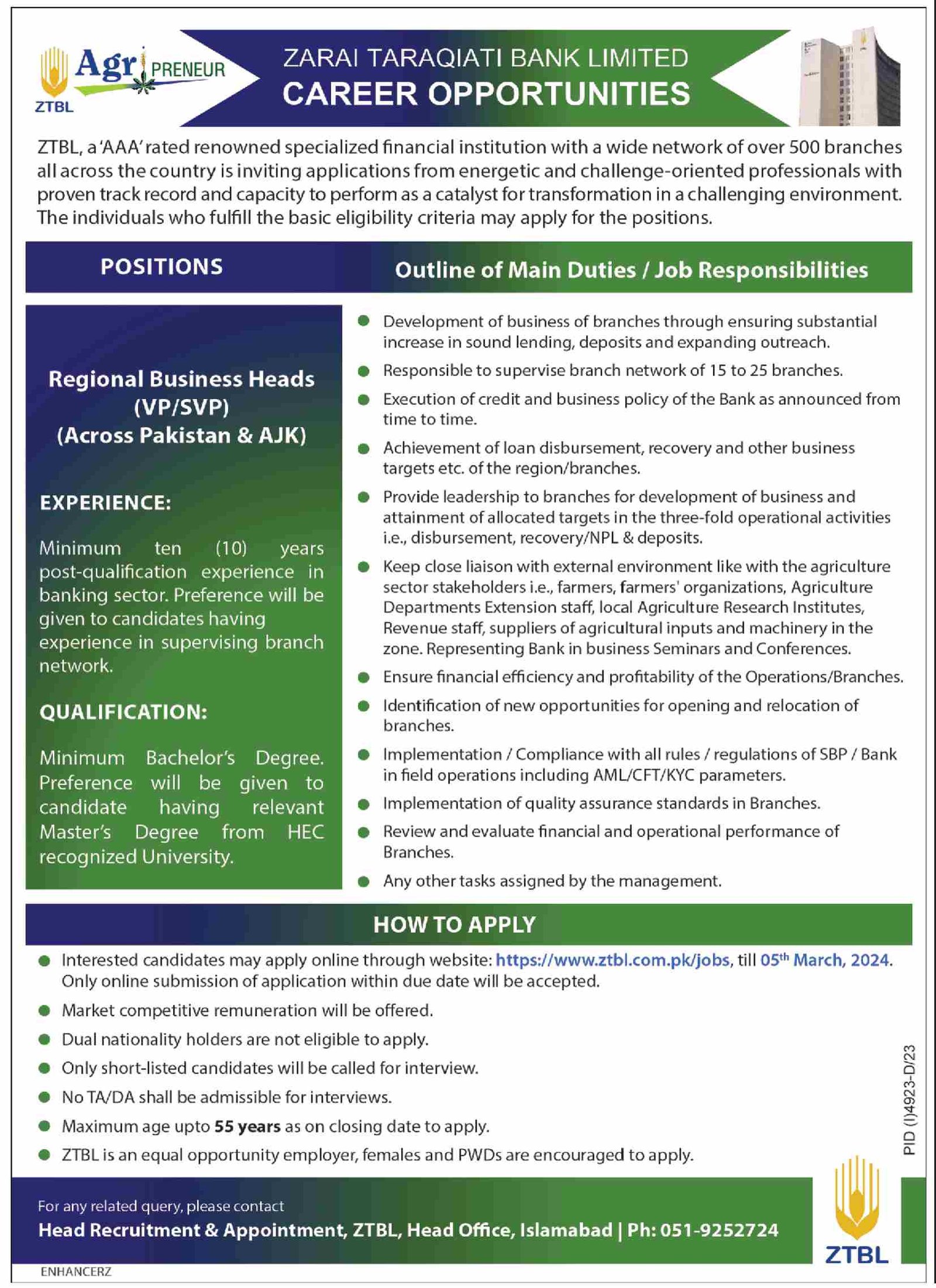 Zarai Taraqiati Bank Limited ZTBL Islamabad Jobs 2024 Jobs 2024 — original advertisement