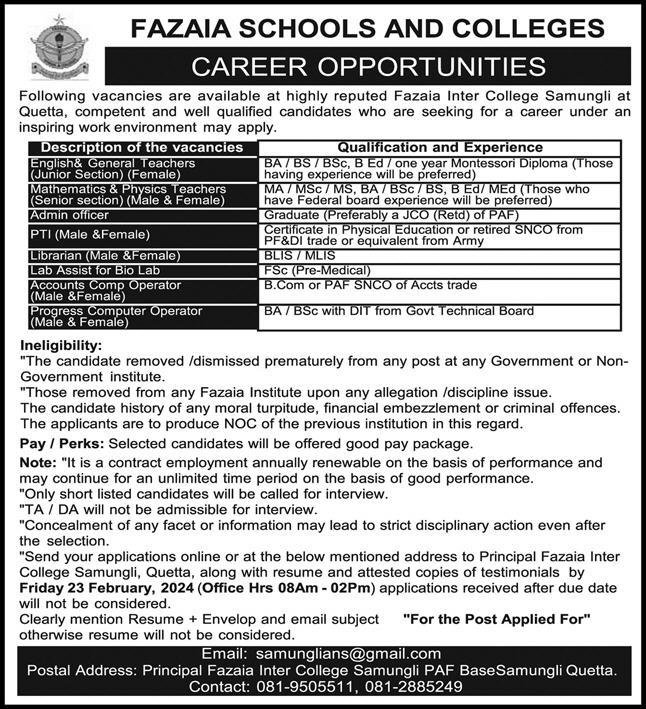 Fazaia School And College Quetta Jobs 2024 – Fazaia Schools & Colleges Jobs 2024 — original advertisement