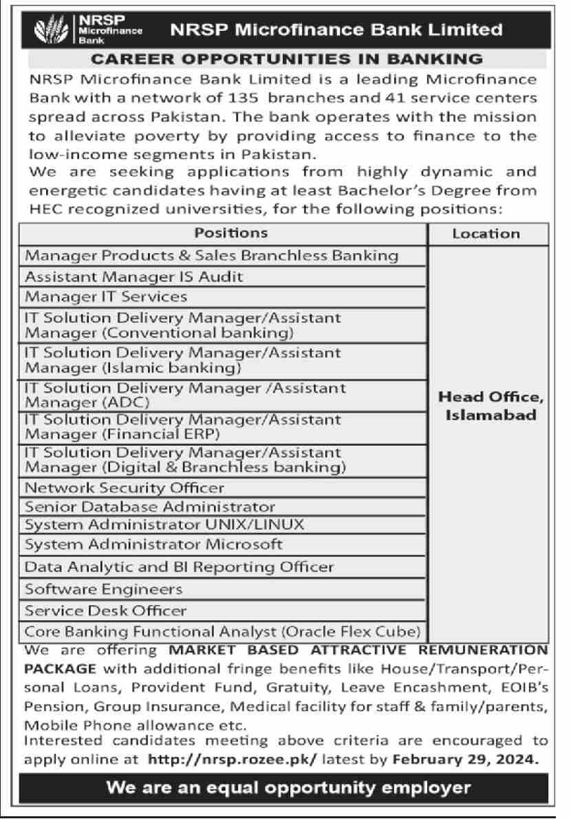Nrsp Microfinance Bank Limited Jobs 2024 – National Rural Support Program NRSP Jobs 2024 — original advertisement