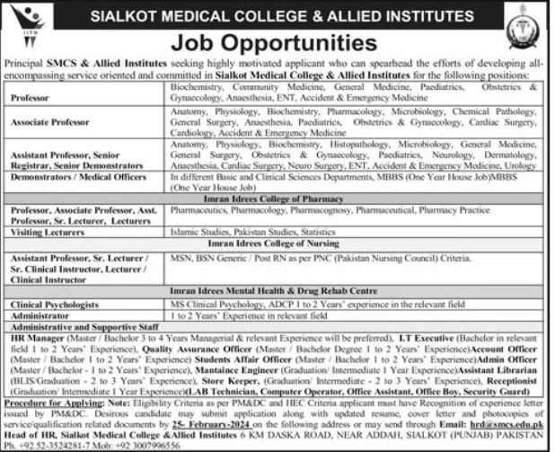 Sialkot Medical College And Allied Institute Jobs 2024 – Sialkot medical college and Attached hospital Jobs 2024 — original advertisement