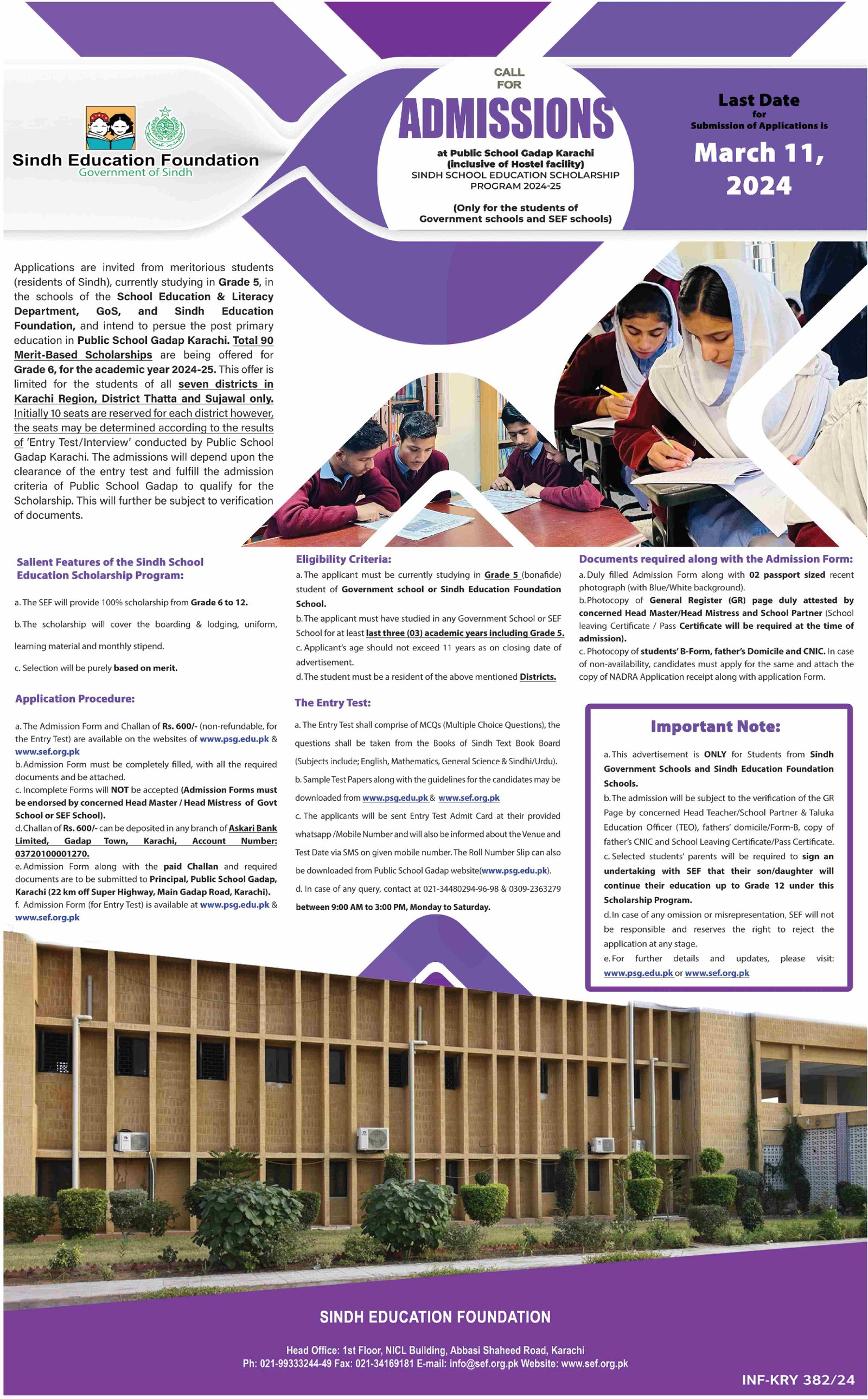 Admission Open in Sindh Education Foundation 2024 Admissions 2024 — original advertisement