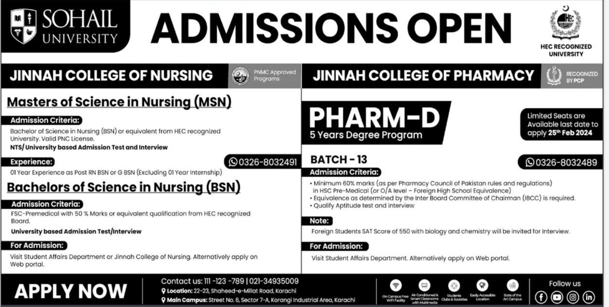 Admissions Open in Sohail University Karachi 2024 Admissions 2024 — original advertisement