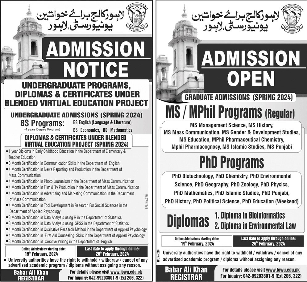 Admissions Open in Lahore College For Women University Lahor – Lahore College for Women University Lahore Admissions 2024 — original advertisement