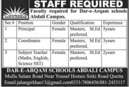 Dar e aqram school quetta Jobs 2024 – Dar E Arqam School Quetta Jobs 2024 — original advertisement
