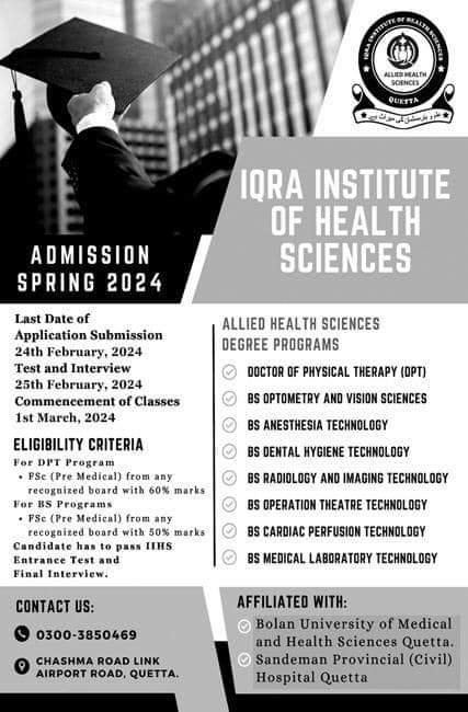 Admission open in Iqra institute of health sciences – Iqra Residential School & College Quetta Admissions 2024 — original advertisement