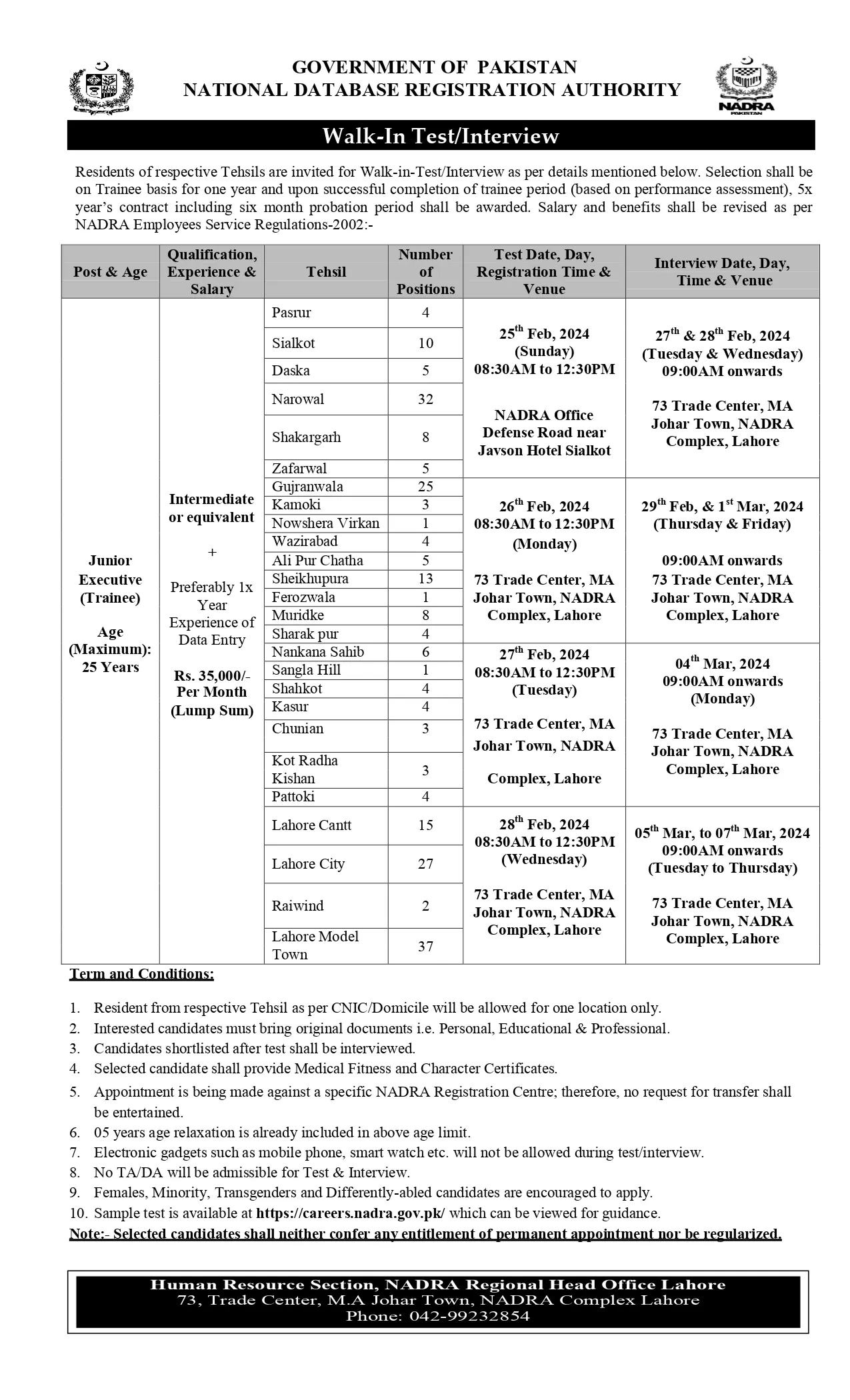 Nadra Jobs in Lahore Region 2024 – National Database and Registration Authority Jobs 2024 — original advertisement