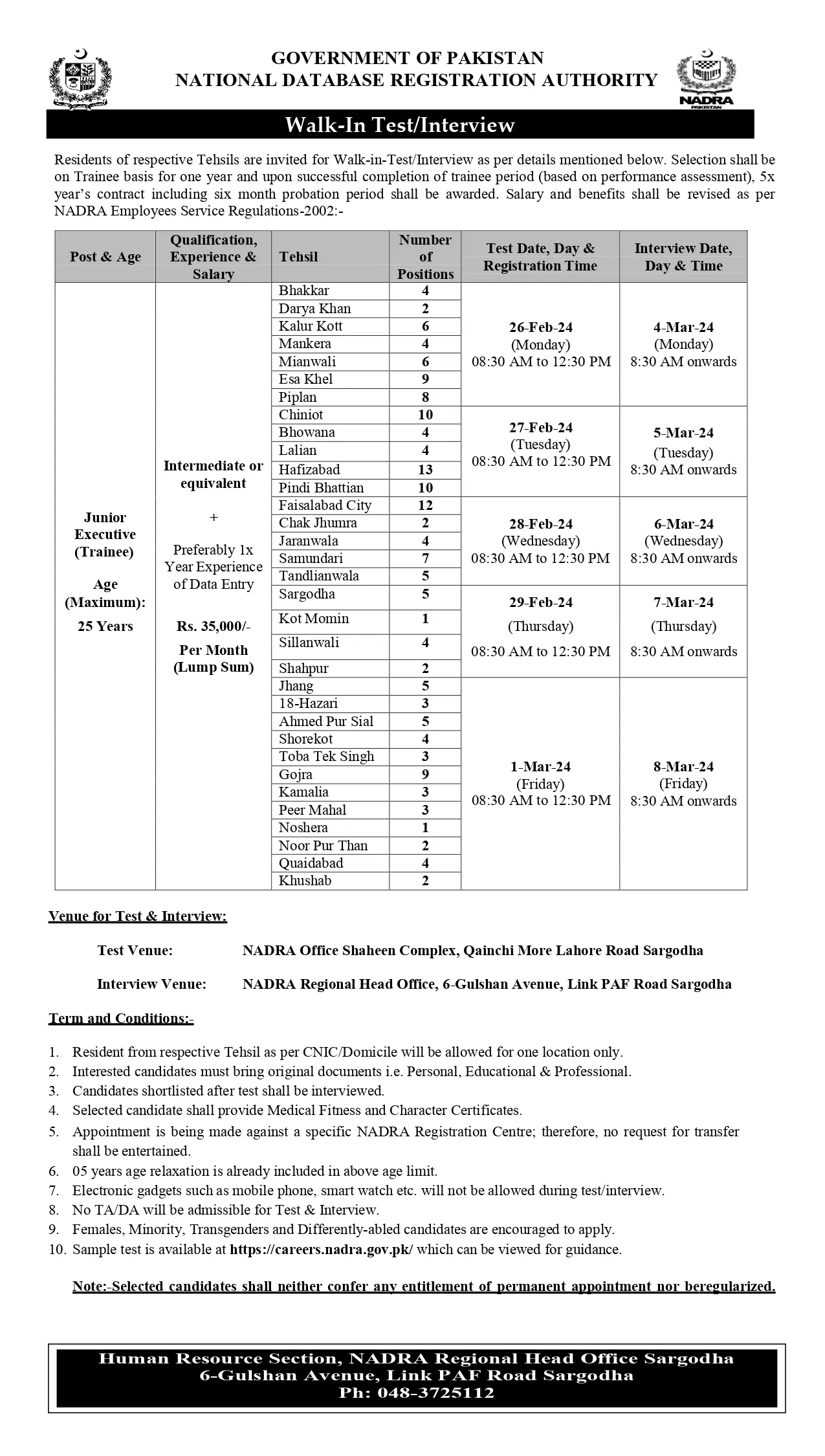 Nadra Jobs in Sardodha Region 2024 – National Database and Registration Authority Jobs 2024 — original advertisement