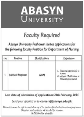 ABASYN University Peshawar Jobs 2024 Jobs 2024 — original advertisement