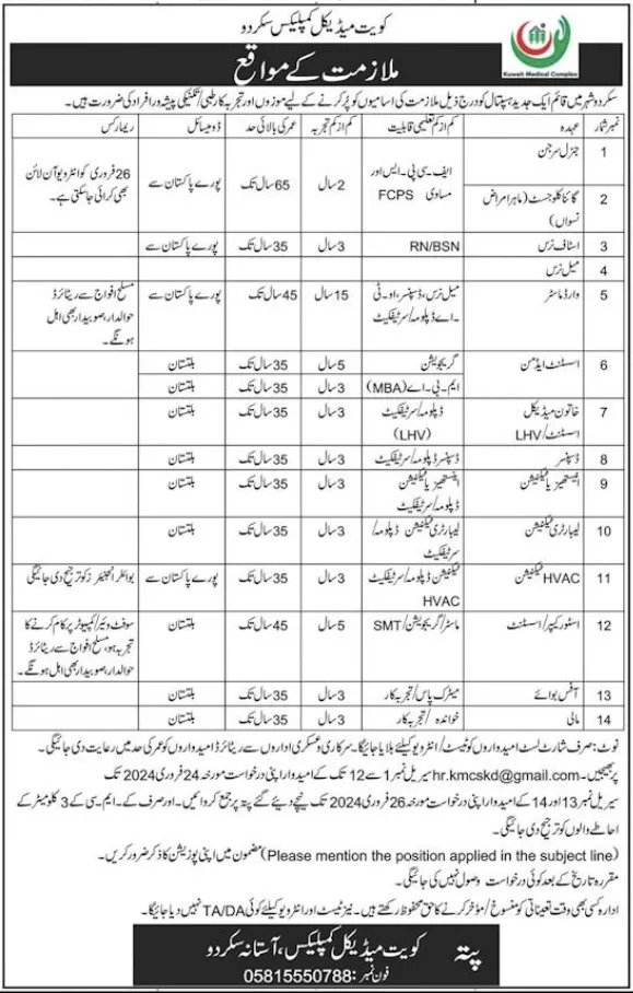 Kuwait Medical Complex KMC Skardu Jobs 2024 – Kuwait Medical complex Skardu Jobs 2024 — original advertisement