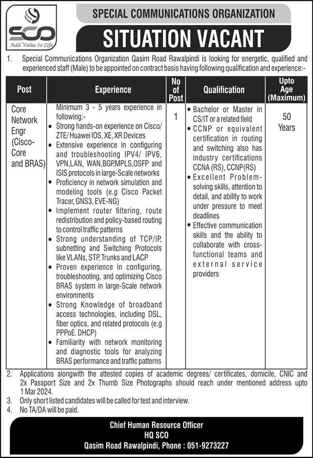 Special Communications Organization SCO Rawalpindi Jobs 2024 – Special Communication Organization Jobs 2024 — original advertisement