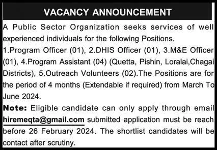 Public Sector Organization Quetta Jobs 2024 Jobs 2024 — original advertisement