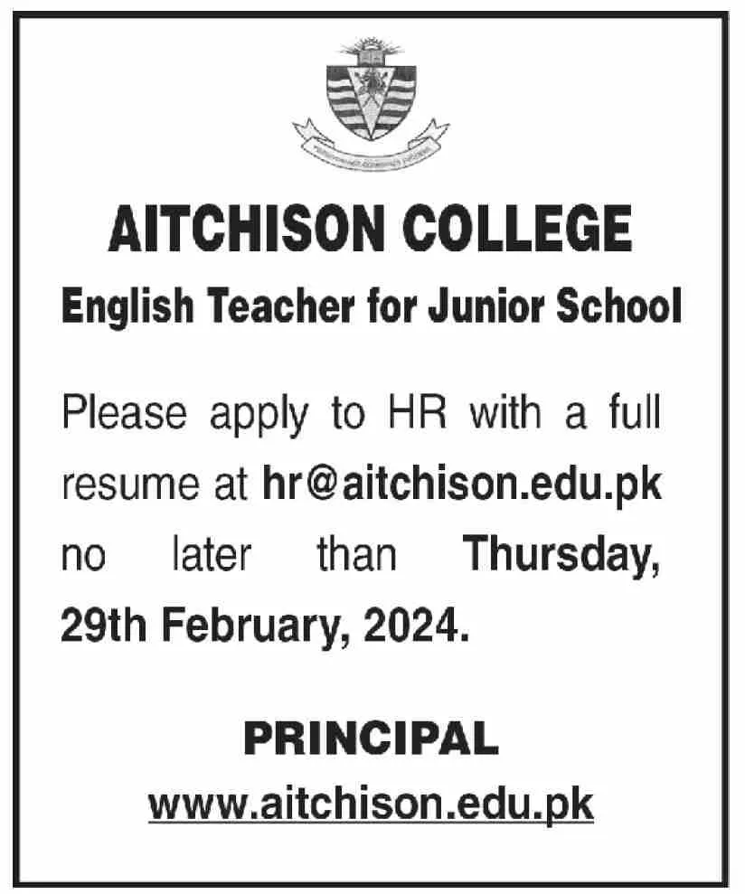 Aitchiston College Lahore Punjab Jobs 2024 – Aitchison College Lahore Jobs 2024 — original advertisement